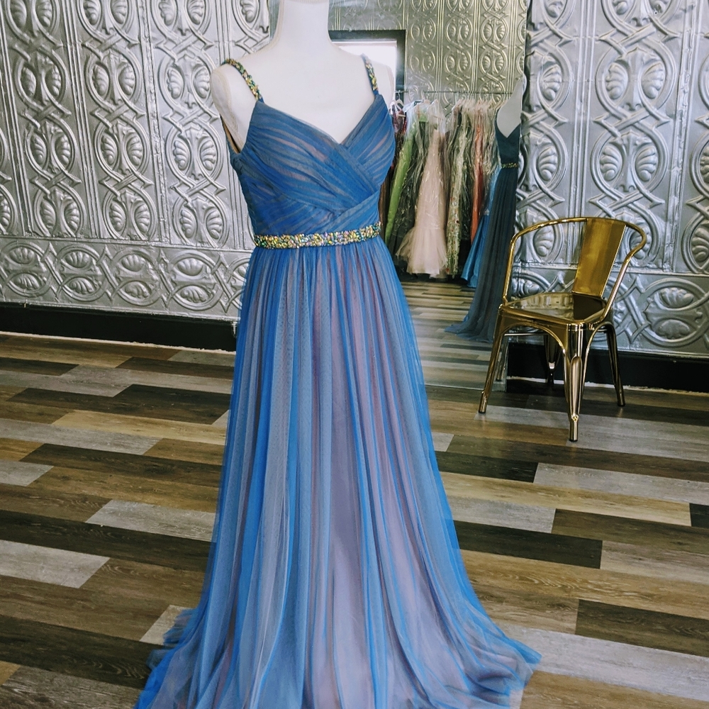 Blue & Nude Dress w Beaded Detail